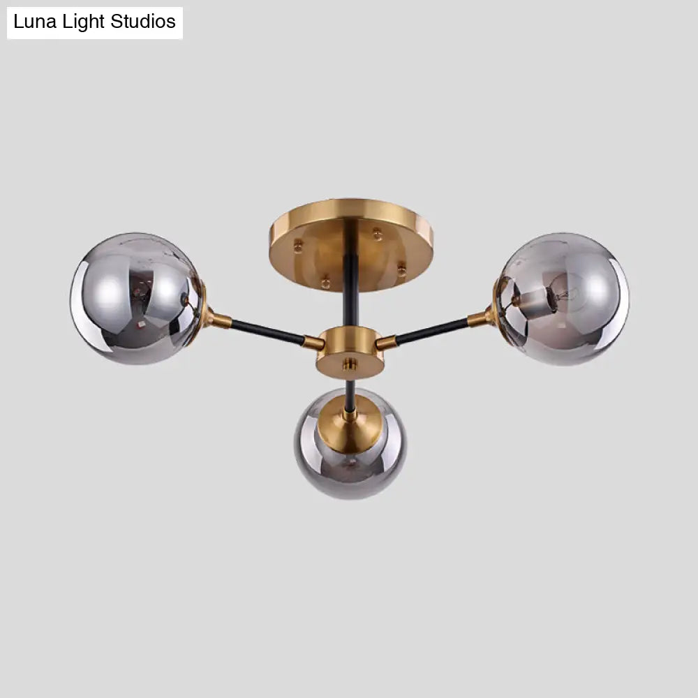 Modern Smoke Glass Semi Flush Mount Chandelier - Brass Black 3/6 Heads