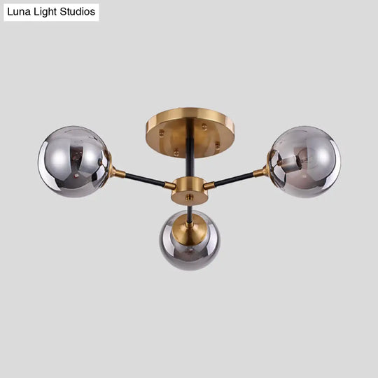 Modern Smoke Glass Semi Flush Mount Chandelier - Brass Black 3/6 Heads