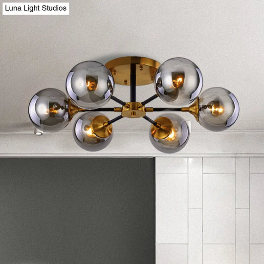 Modern Smoke Glass Semi Flush Mount Chandelier - Brass Black 3/6 Heads 6 / Gray