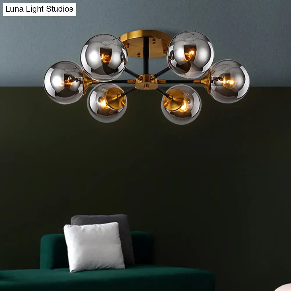 Modern Smoke Glass Semi Flush Mount Chandelier - Brass Black 3/6 Heads