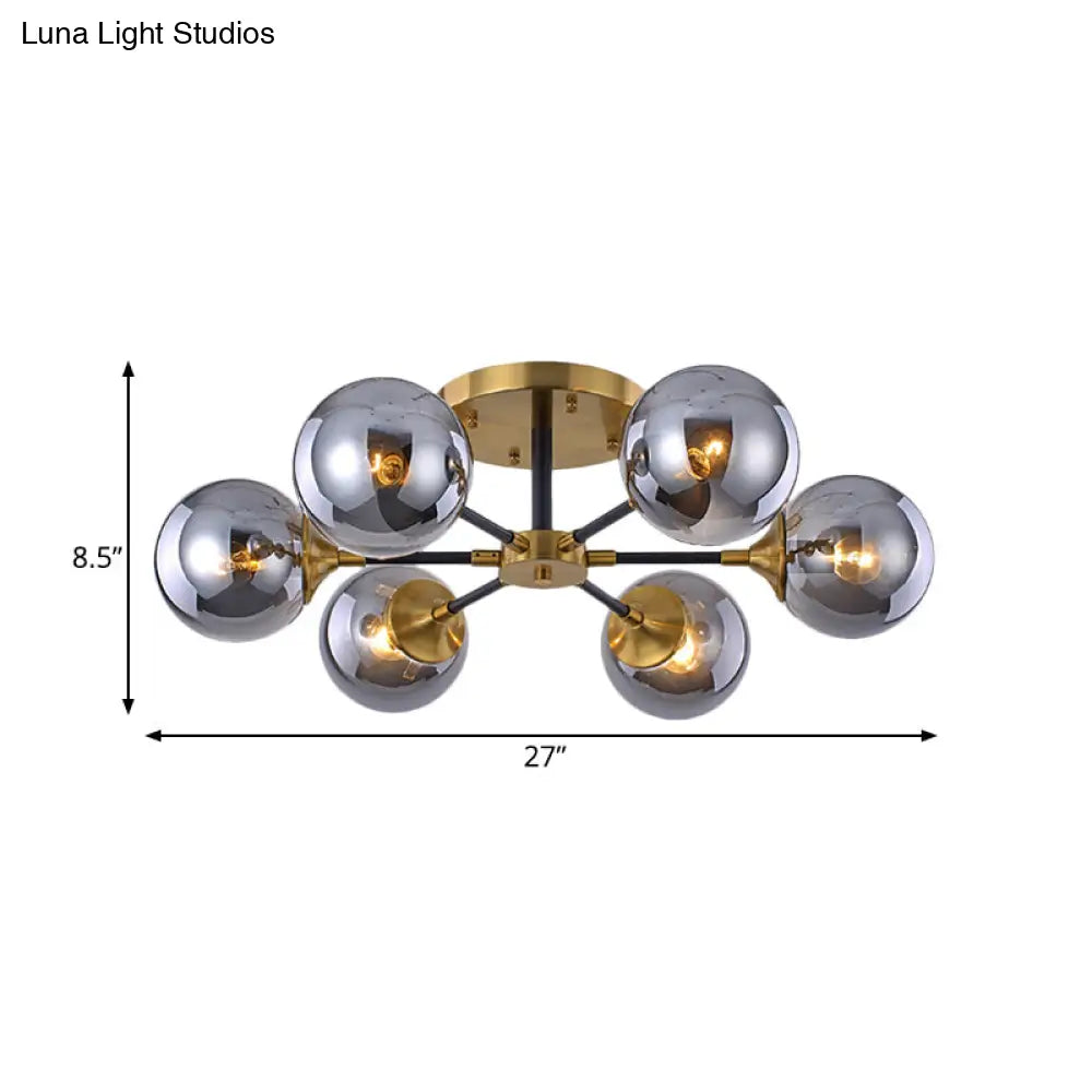 Modern Smoke Glass Semi Flush Mount Chandelier - Brass Black 3/6 Heads