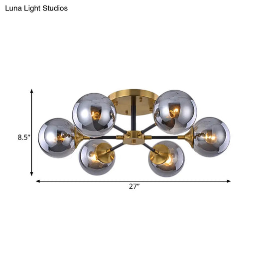 Modern Smoke Glass Semi Flush Mount Chandelier - Brass Black 3/6 Heads