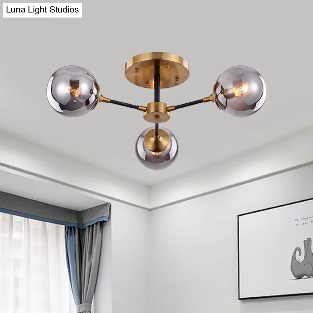 Postmodern Radial Smoke Glass Semi Flush Ceiling Chandelier - Brass & Black 3/6 Heads