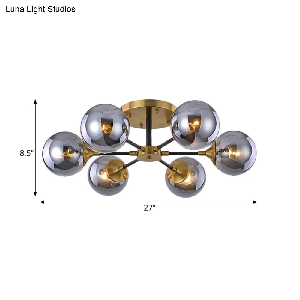 Postmodern Radial Smoke Glass Semi Flush Ceiling Chandelier - Brass & Black 3/6 Heads