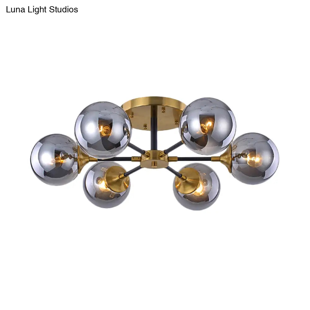 Postmodern Radial Smoke Glass Semi Flush Ceiling Chandelier - Brass & Black 3/6 Heads