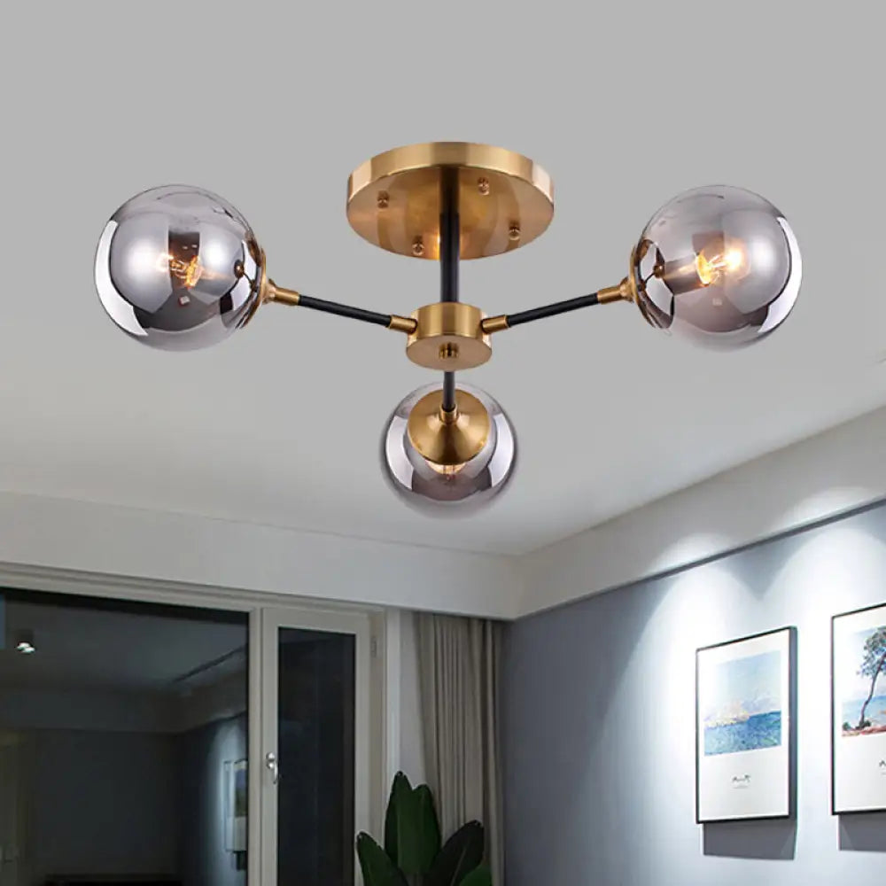 Postmodern Radial Smoke Glass Semi Flush Ceiling Chandelier - Brass & Black 3/6 Heads 3 / Gray