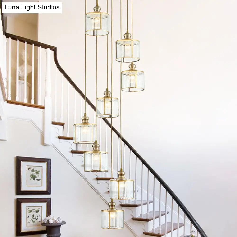 Stylish Brass Cylinder Pendant Light Fixture With Ribbed Glass - Ideal For Stairways