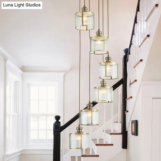 Stylish Brass Cylinder Pendant Light Fixture With Ribbed Glass - Ideal For Stairways 6 /