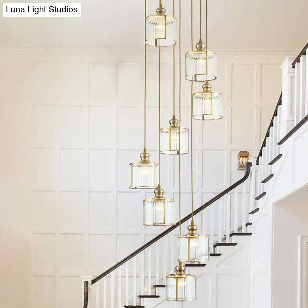 Stylish Brass Cylinder Pendant Light Fixture With Ribbed Glass - Ideal For Stairways