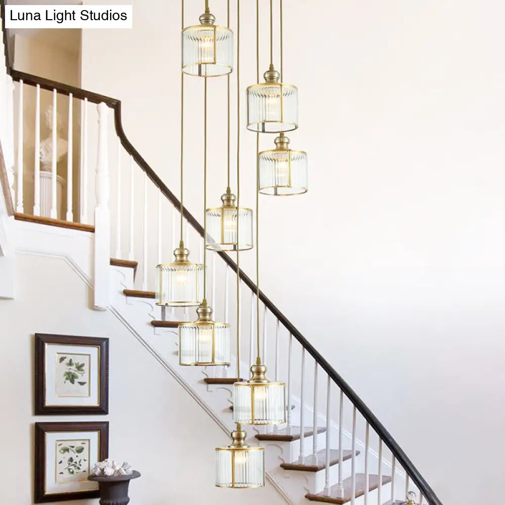 Postmodern Ribbed Glass Pendant Light Fixture With Multiple Lamps - Brass Finish For Stairway