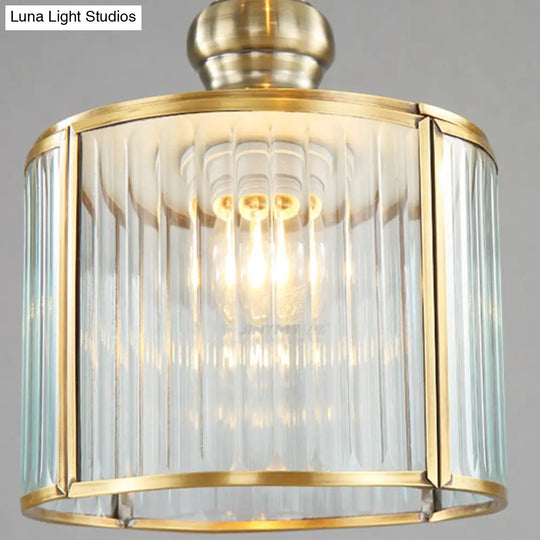 Stylish Brass Cylinder Pendant Light Fixture With Ribbed Glass - Ideal For Stairways