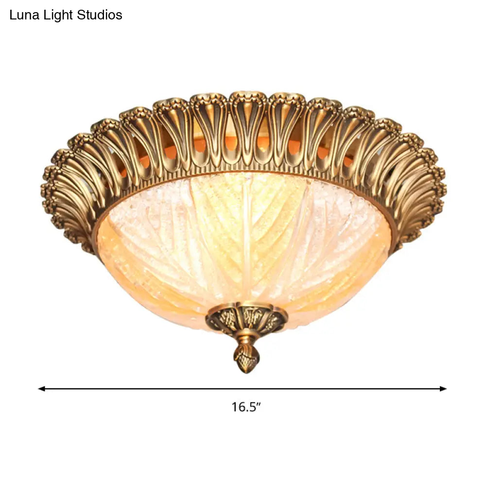 Postmodern Ridged Crystal Flush Mount Brass Ceiling Lamp For Bedroom - 3 Heads