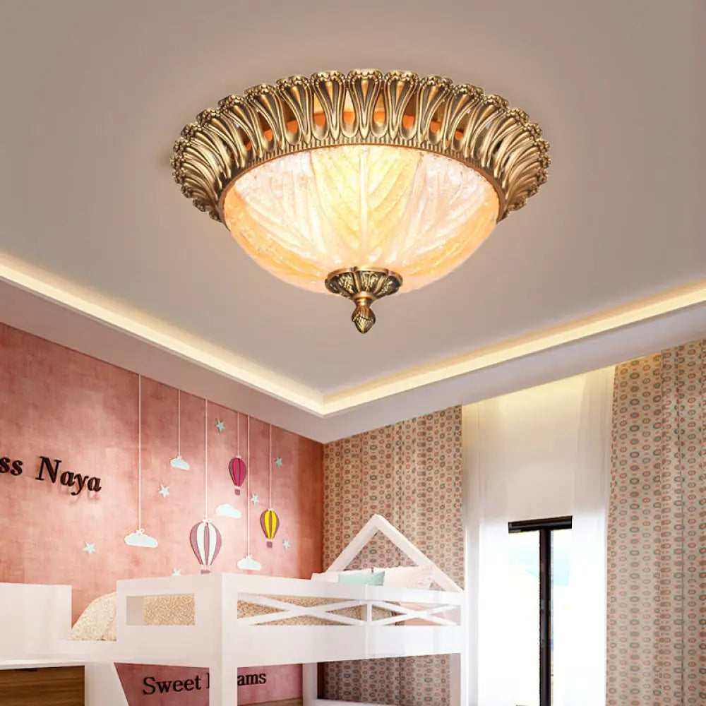 Postmodern Ridged Crystal Flush Mount Brass Ceiling Lamp For Bedroom - 3 Heads