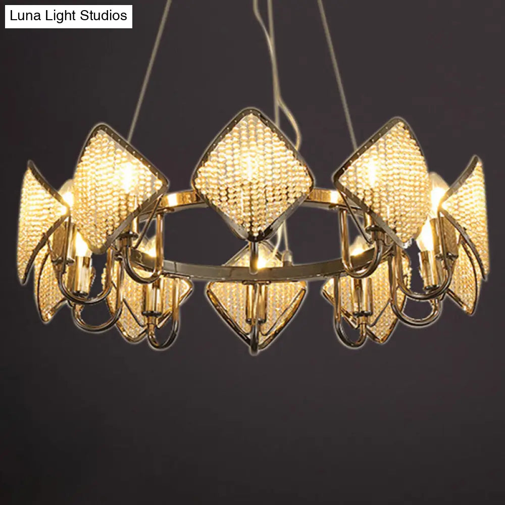 Postmodern Ring Ceiling Chandelier With Rhombus Crystal Shade - Elegant Metal Living Room Light