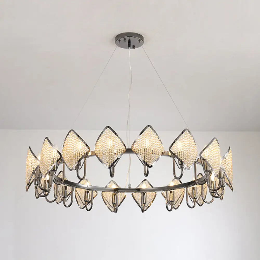 Postmodern Ring Ceiling Chandelier With Rhombus Crystal Shade - Elegant Metal Living Room Light