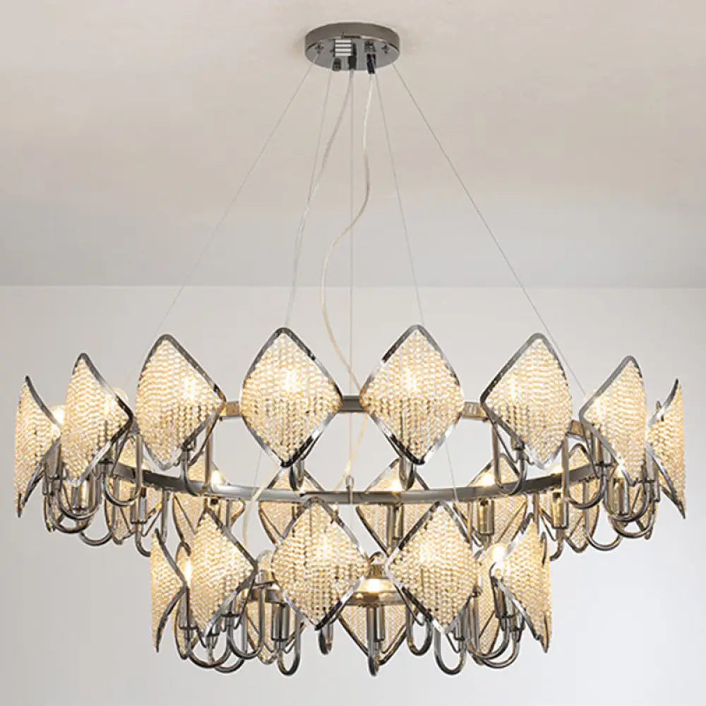 Postmodern Ring Ceiling Chandelier With Rhombus Crystal Shade - Elegant Metal Living Room Light