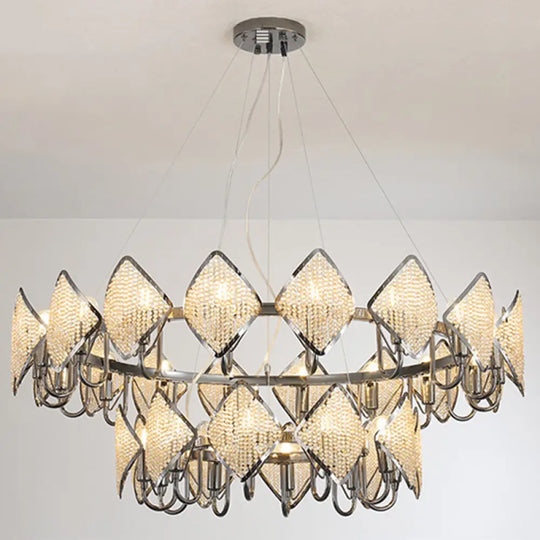 Postmodern Ring Ceiling Chandelier With Rhombus Crystal Shade - Elegant Metal Living Room Light