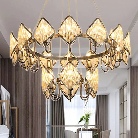 Postmodern Ring Ceiling Chandelier With Rhombus Crystal Shade - Elegant Metal Living Room Light