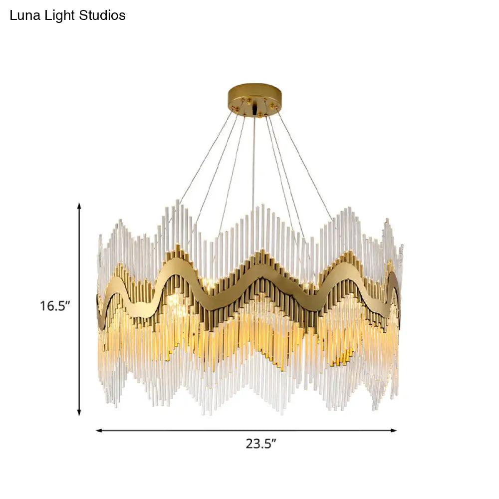 Postmodern Ruffle Edge Crystal Chandelier With Brass Finish - 8-Head Suspension Light For Living