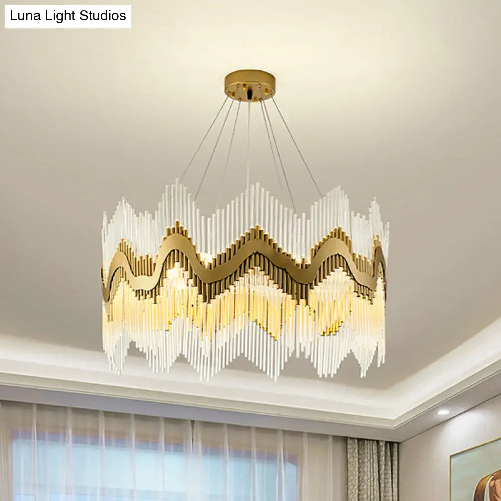 Postmodern Ruffle Edge Crystal Chandelier With Brass Finish - 8-Head Suspension Light For Living