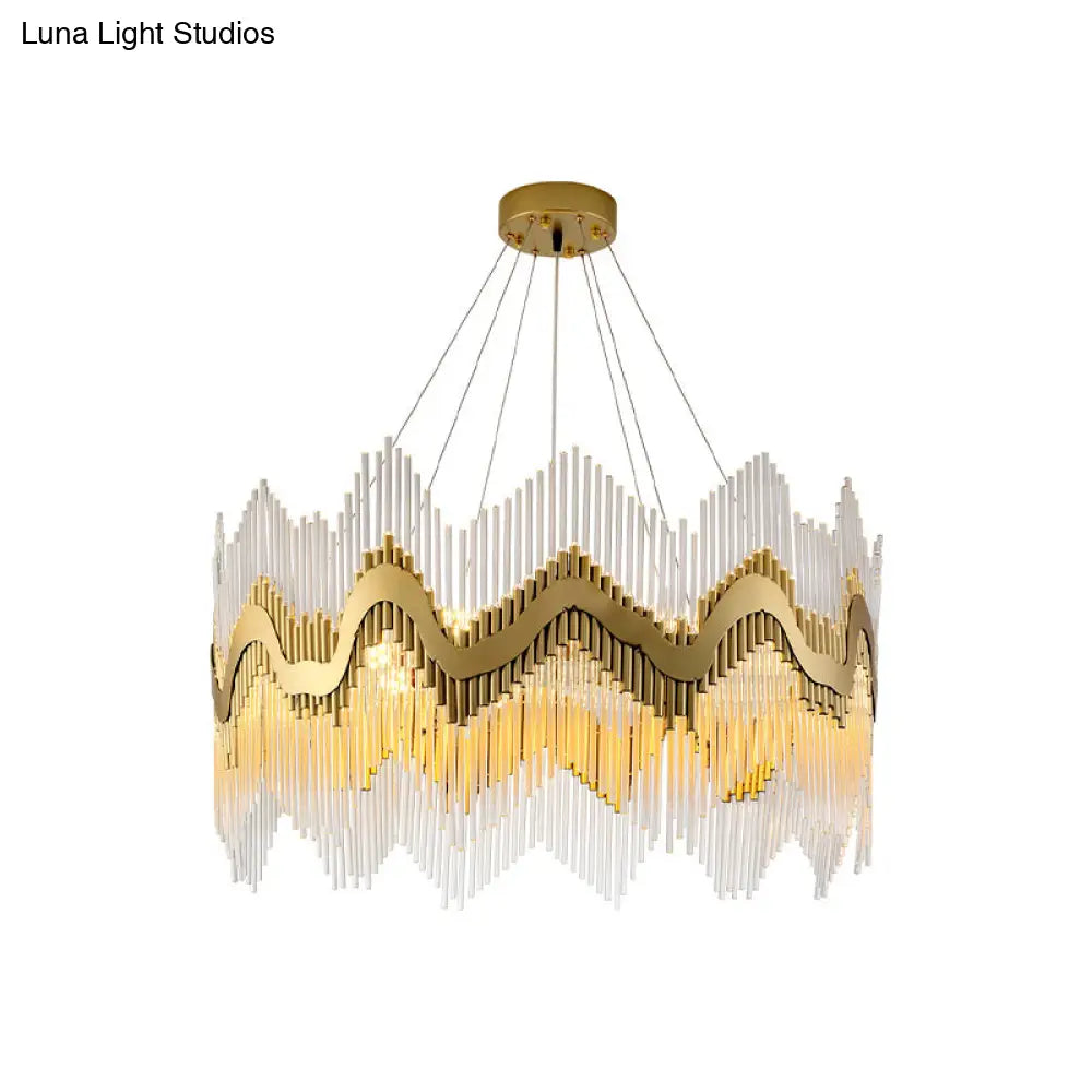 Postmodern Ruffle Edge Crystal Chandelier With Brass Finish - 8-Head Suspension Light For Living