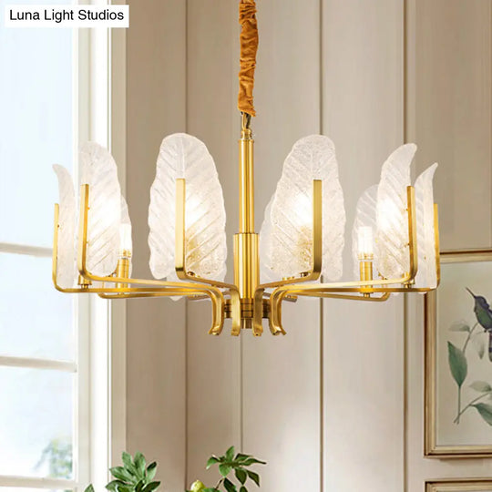 Postmodern Seedy Glass Gold Leaf-Shaped Chandelier Light For Living Room Ceiling