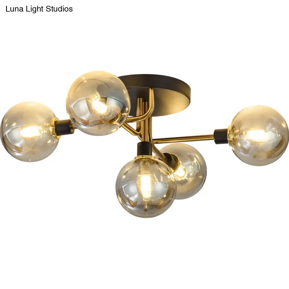 Postmodern Semi Flush Ceiling Lamp - 5-Light Dining Room Light Fixture With Ball Glass Shade