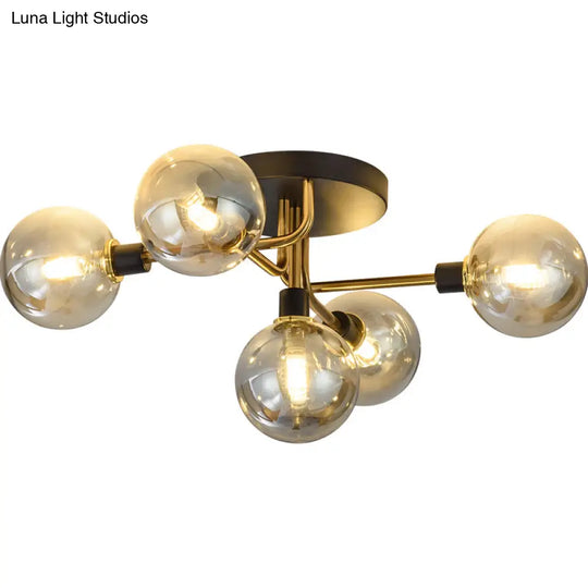 Postmodern Semi Flush Ceiling Lamp - 5-Light Dining Room Light Fixture With Ball Glass Shade