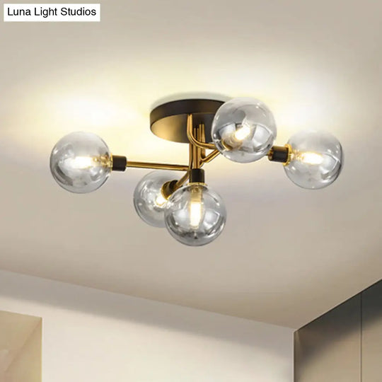 Postmodern Semi Flush Ceiling Lamp - 5-Light Dining Room Light Fixture With Ball Glass Shade