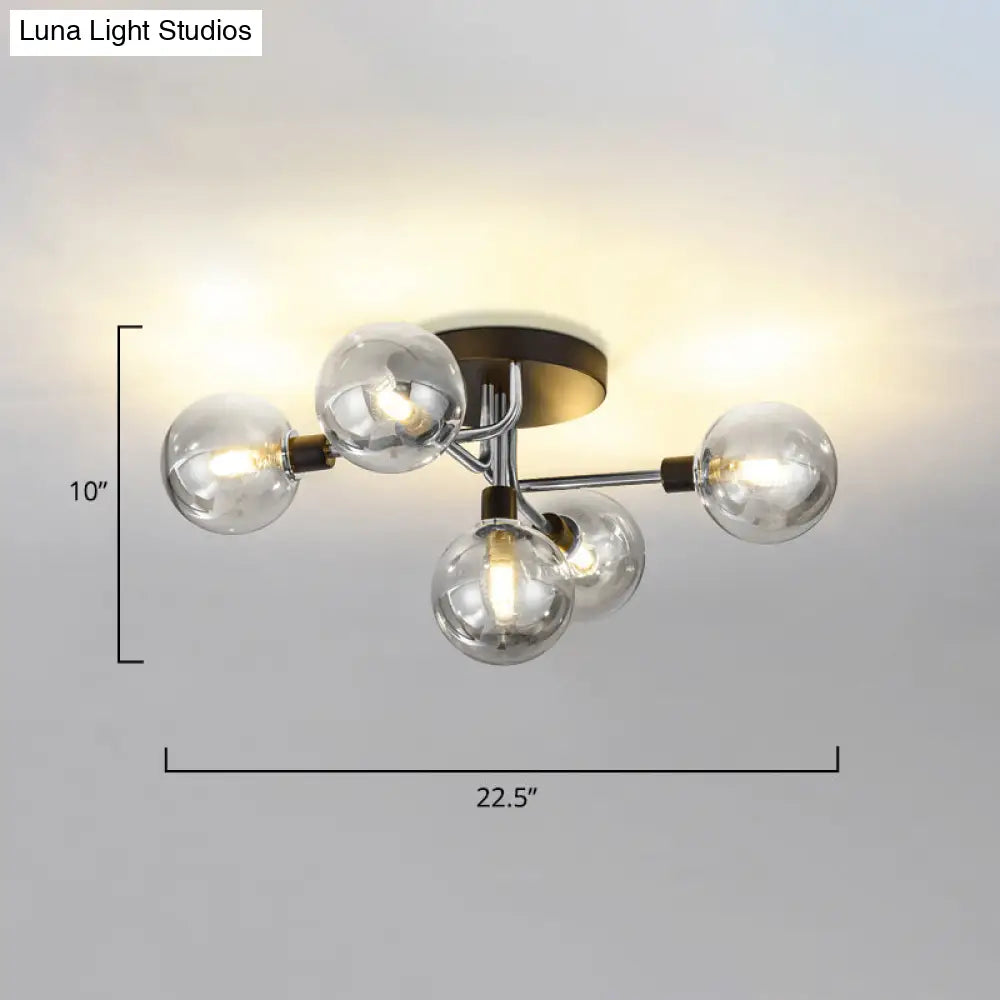 Postmodern Semi Flush Ceiling Lamp - 5-Light Dining Room Light Fixture With Ball Glass Shade