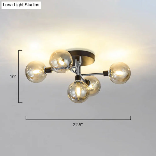 Postmodern Semi Flush Ceiling Lamp - 5-Light Dining Room Light Fixture With Ball Glass Shade