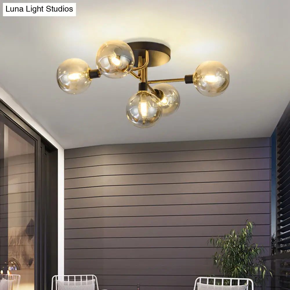 Postmodern Semi Flush Ceiling Lamp - 5-Light Dining Room Light Fixture With Ball Glass Shade