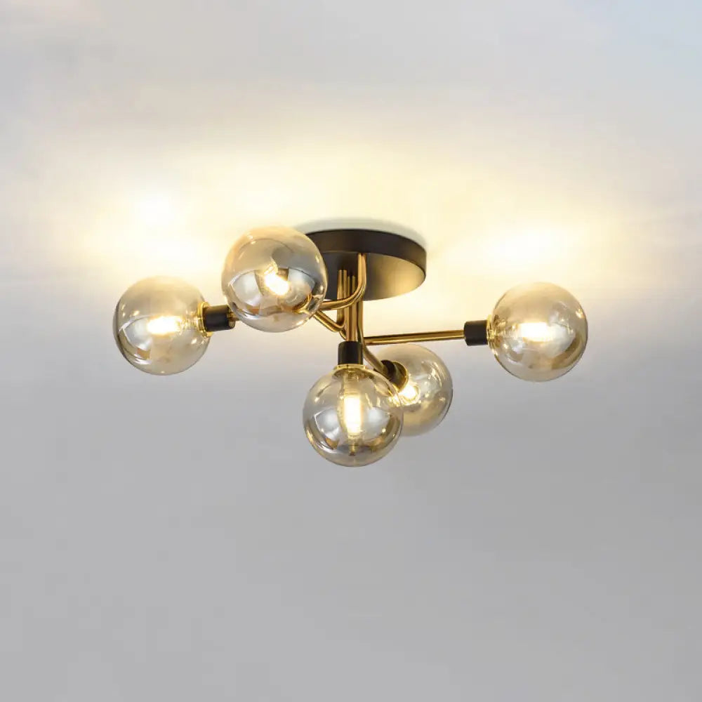 Postmodern Semi Flush Ceiling Lamp - 5-Light Dining Room Light Fixture With Ball Glass Shade Gold /