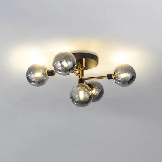 Postmodern Semi Flush Ceiling Lamp - 5-Light Dining Room Light Fixture With Ball Glass Shade Gold /