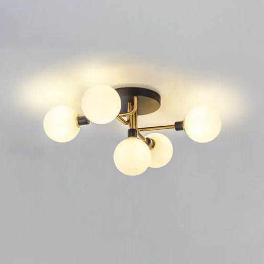 Postmodern Semi Flush Ceiling Lamp - 5-Light Dining Room Light Fixture With Ball Glass Shade Gold /