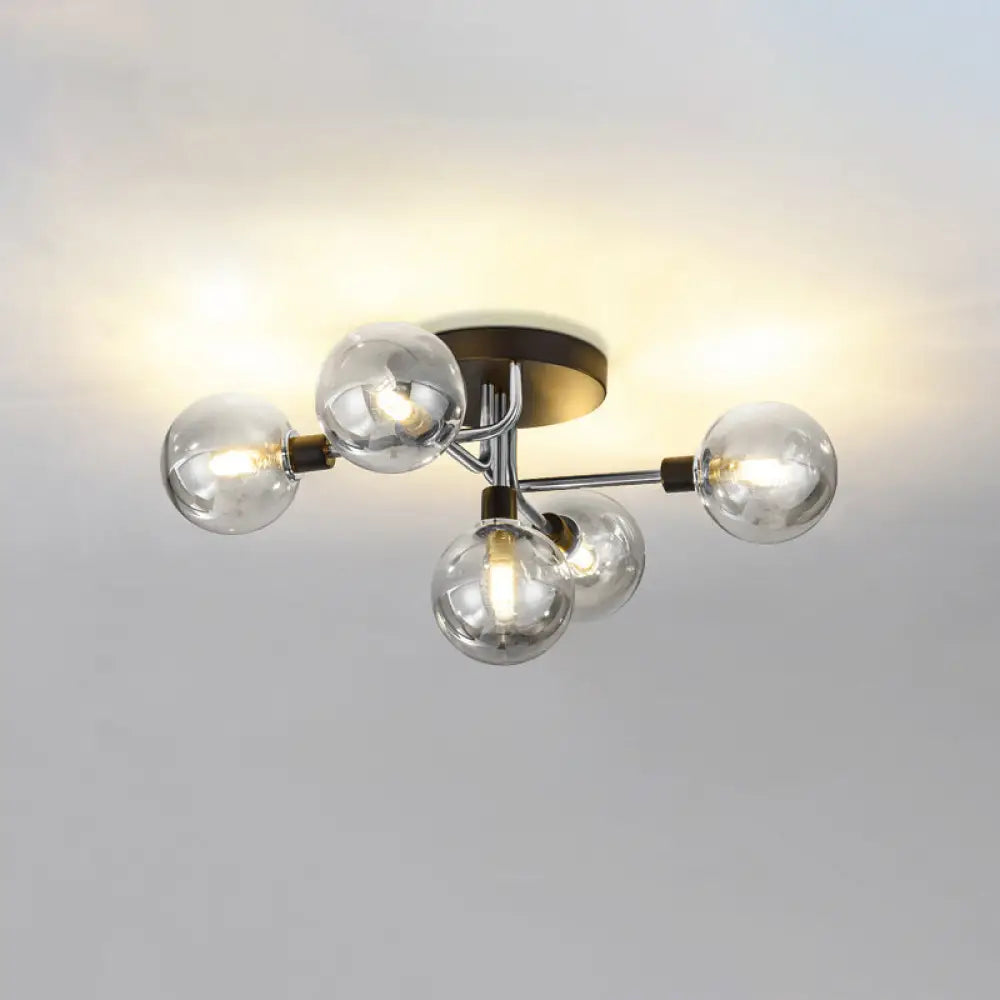 Postmodern Semi Flush Ceiling Lamp - 5-Light Dining Room Light Fixture With Ball Glass Shade Silver