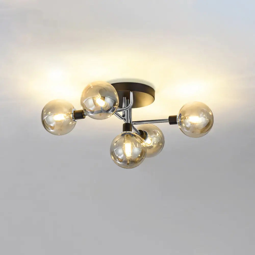 Postmodern Semi Flush Ceiling Lamp - 5-Light Dining Room Light Fixture With Ball Glass Shade Silver