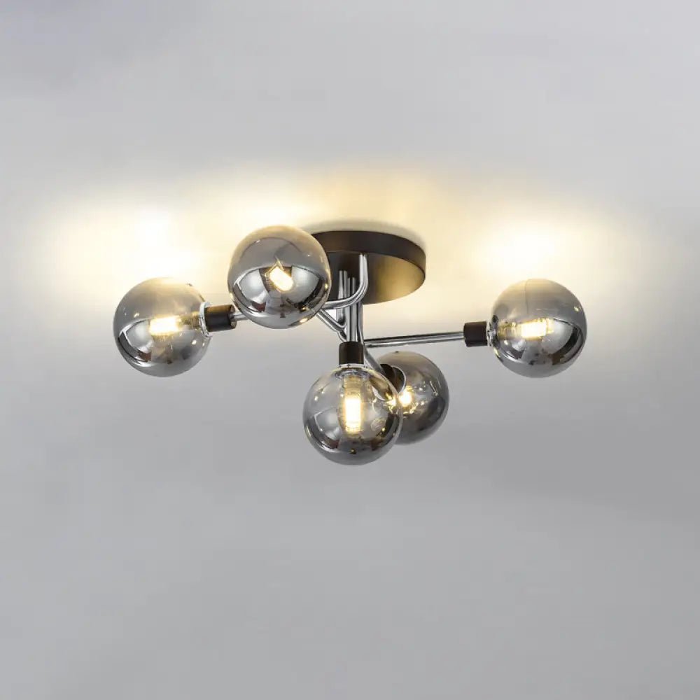 Postmodern Semi Flush Ceiling Lamp - 5-Light Dining Room Light Fixture With Ball Glass Shade Silver