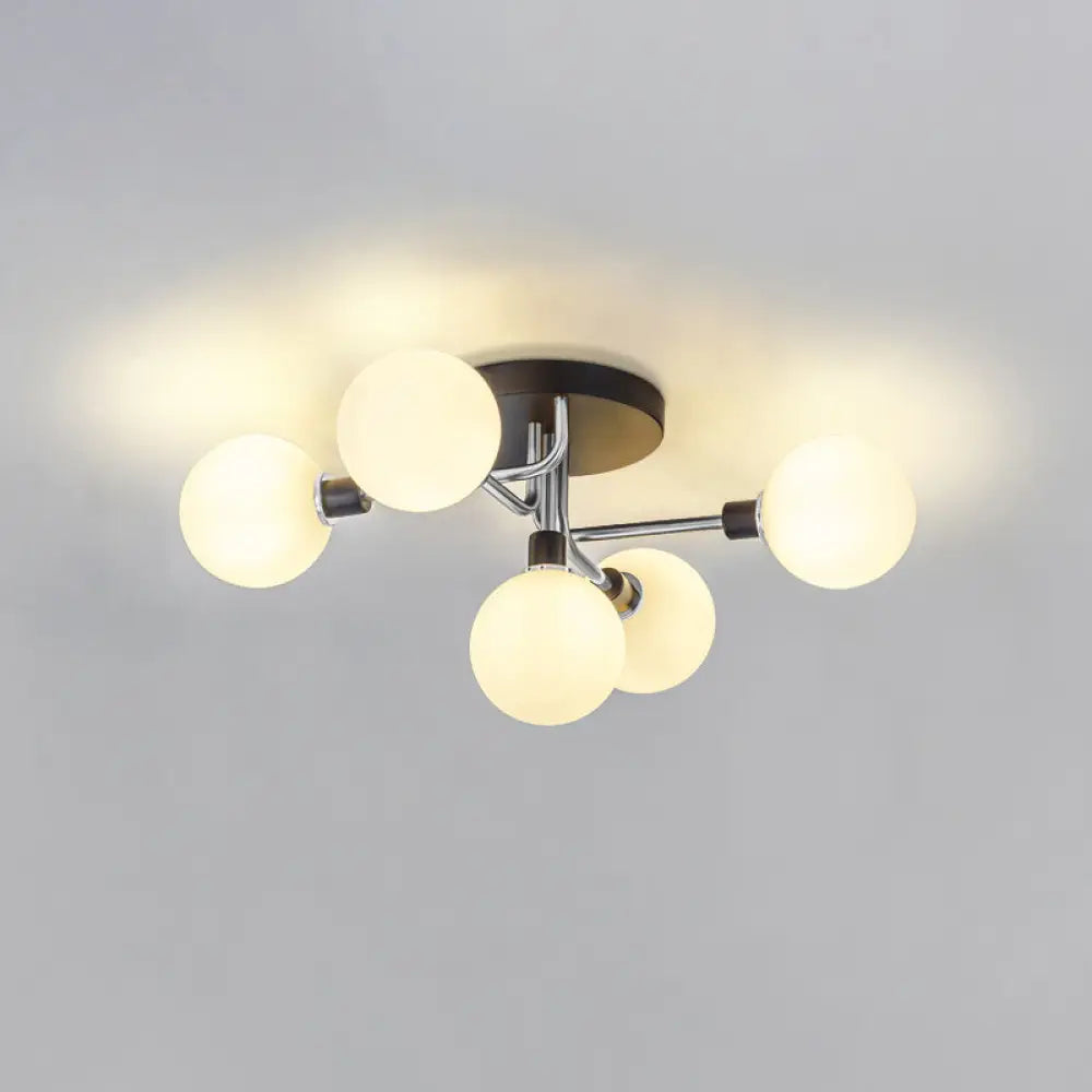 Postmodern Semi Flush Ceiling Lamp - 5-Light Dining Room Light Fixture With Ball Glass Shade Silver