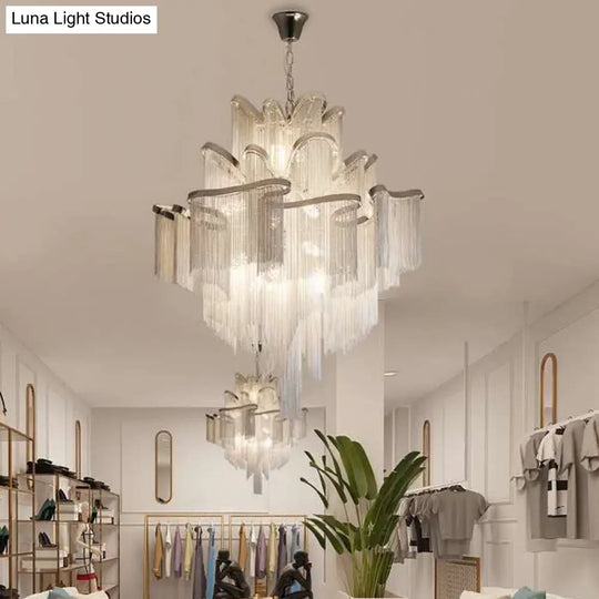 Postmodern Silver Chandelier Light Fixture For Living Room With Aluminum Tiered Chain Ceiling