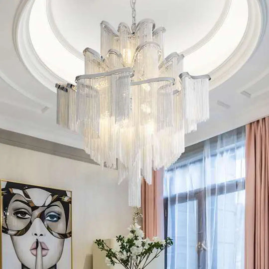 Postmodern Silver Chandelier Light Fixture For Living Room With Aluminum Tiered Chain Ceiling