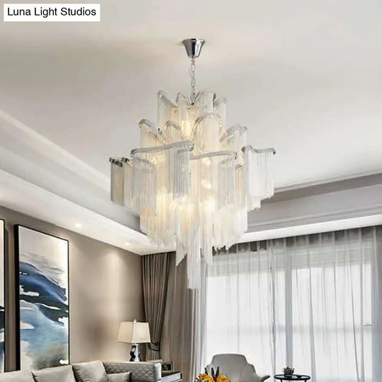 Postmodern Silver Chandelier Light Fixture For Living Room With Aluminum Tiered Chain Ceiling