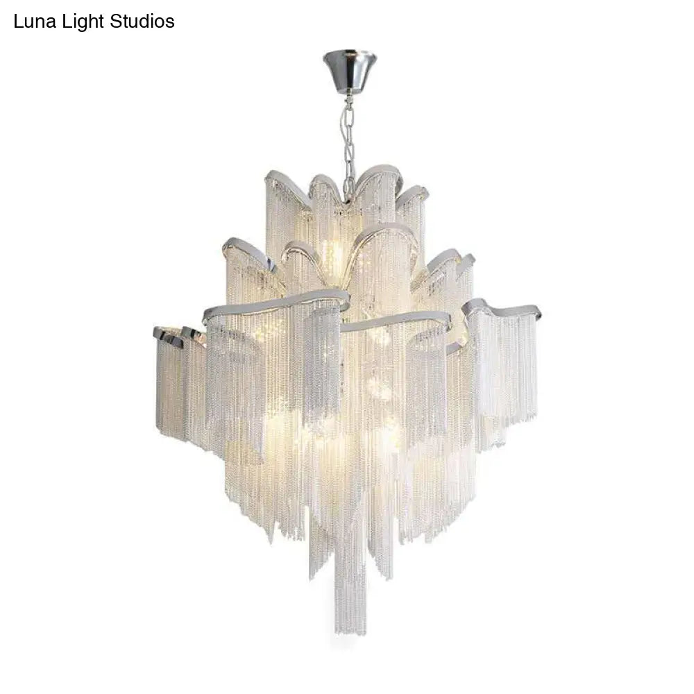 Postmodern Silver Chandelier Light Fixture For Living Room With Aluminum Tiered Chain Ceiling