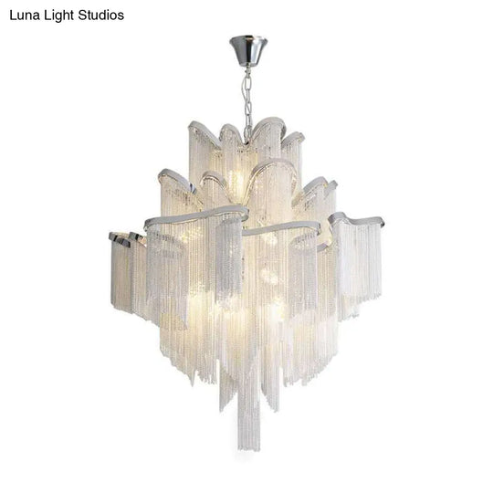 Postmodern Silver Chandelier Light Fixture For Living Room With Aluminum Tiered Chain Ceiling