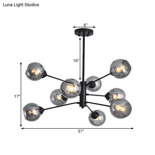 Postmodern Smoke Grey Glass Ball Chandelier Pendant Light - 9 Heads Black Ceiling Fixture