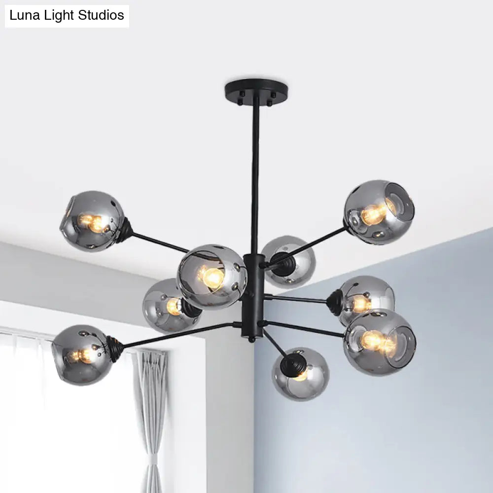 Smoke Grey Glass Ball Chandelier - Postmodernism Style 9-Head Black Pendant Ceiling Light Gray