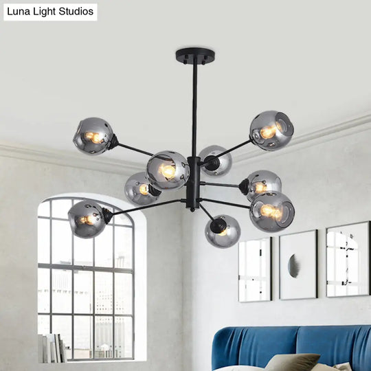 Smoke Grey Glass Ball Chandelier - Postmodernism Style 9-Head Black Pendant Ceiling Light