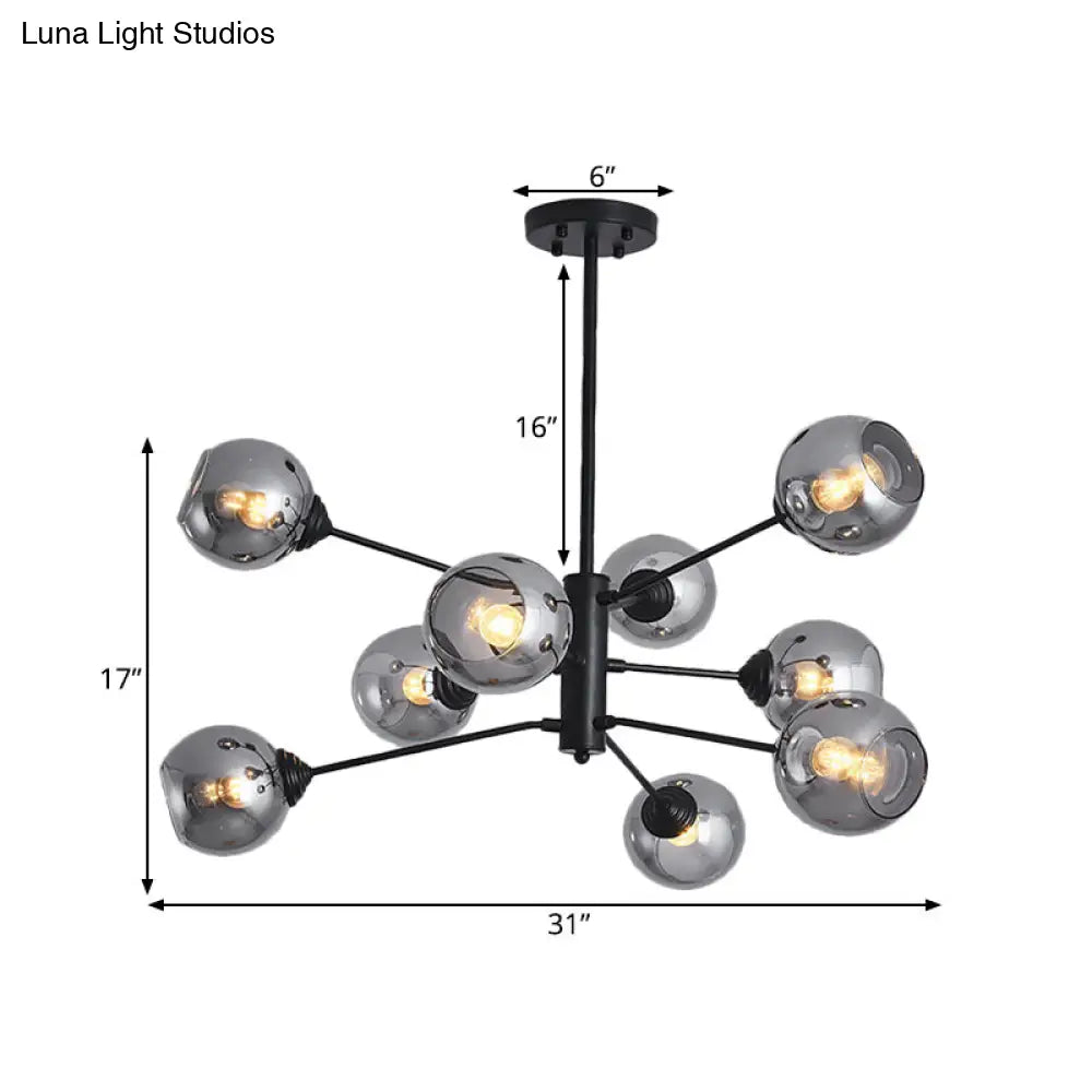 Smoke Grey Glass Ball Chandelier - Postmodernism Style 9-Head Black Pendant Ceiling Light