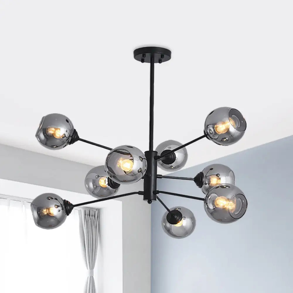 Postmodern Smoke Grey Glass Ball Chandelier Pendant Light - 9 Heads Black Ceiling Fixture Gray