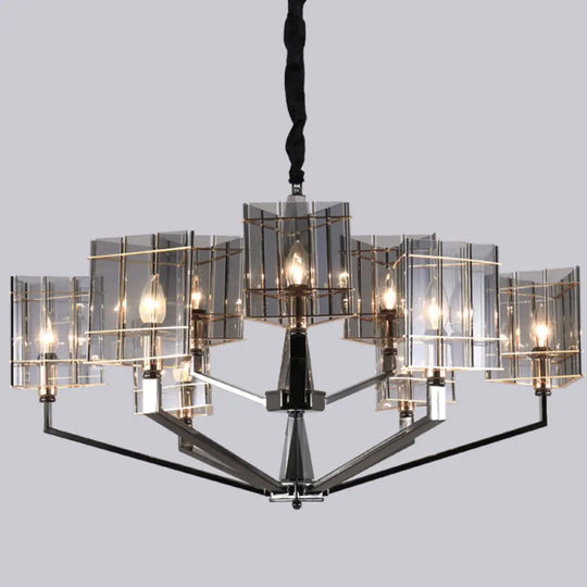 Postmodern Smoke Grey Glass Silver Chandelier - Elegant Hanging Light Fixture With Triangle Prism